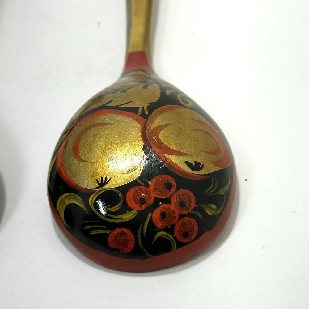 Russian Khokhloma Hand-Painted Lacquered Wood Bowl + Spoon Set Folk Art